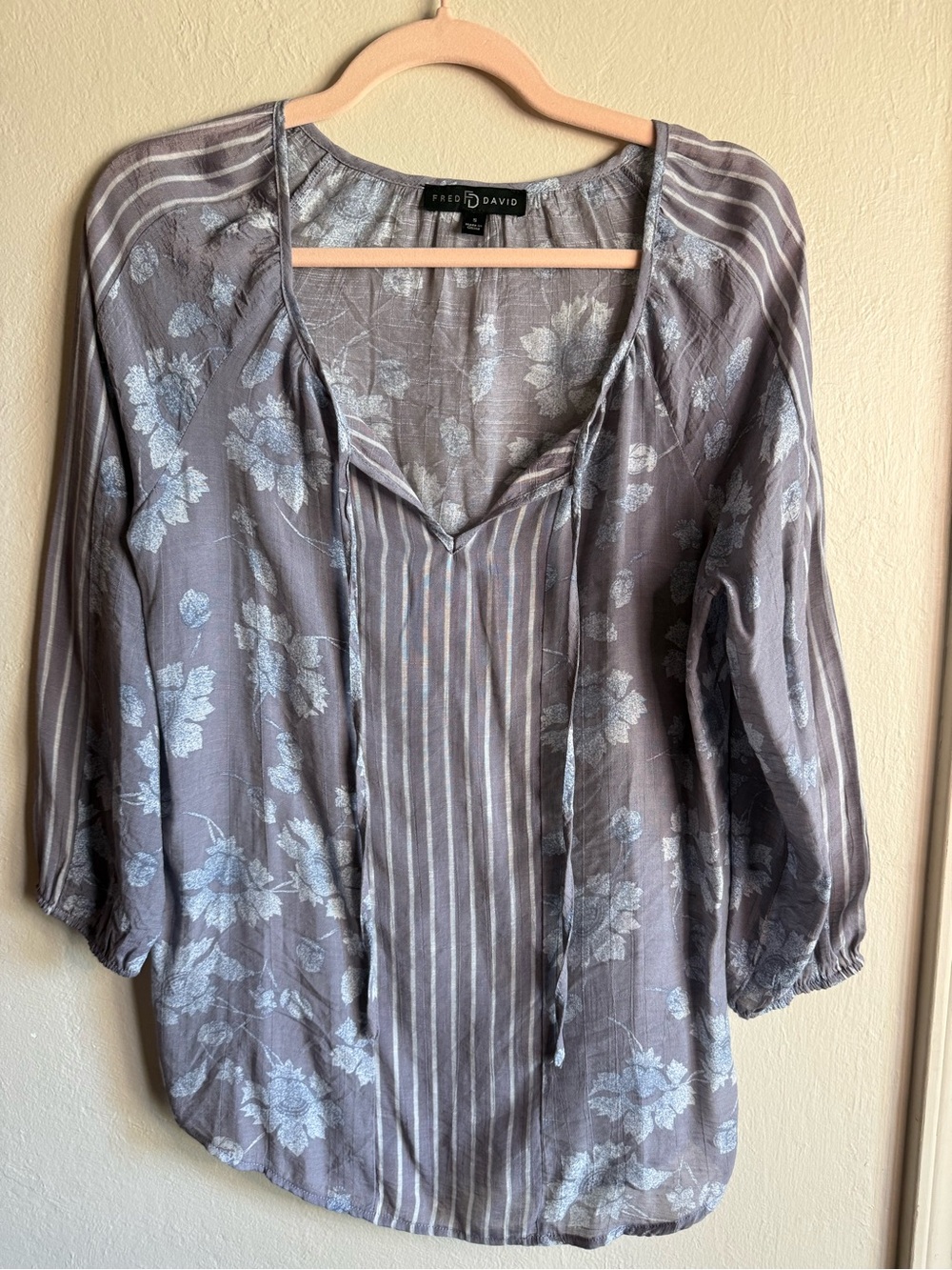 Fred David Women’s Small Gray Floral Stripe Boho 3/4 Sleeve Blouse